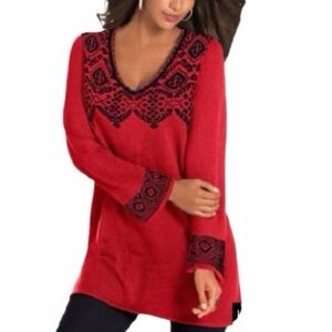 Roaman’s Red & Black Fair Isle V-Neck Long Sleeve Sweater